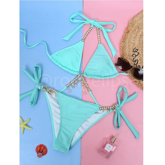 Rhinestone Embellished Bikini Swimsuit Mint Green - Picture 6 of 7
